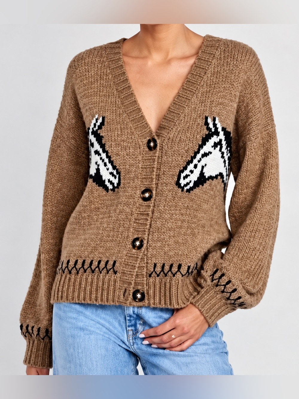 Cardigan - Old Navy Wool-Blend Cardigan Sweater - Black & White Horse Heads on L